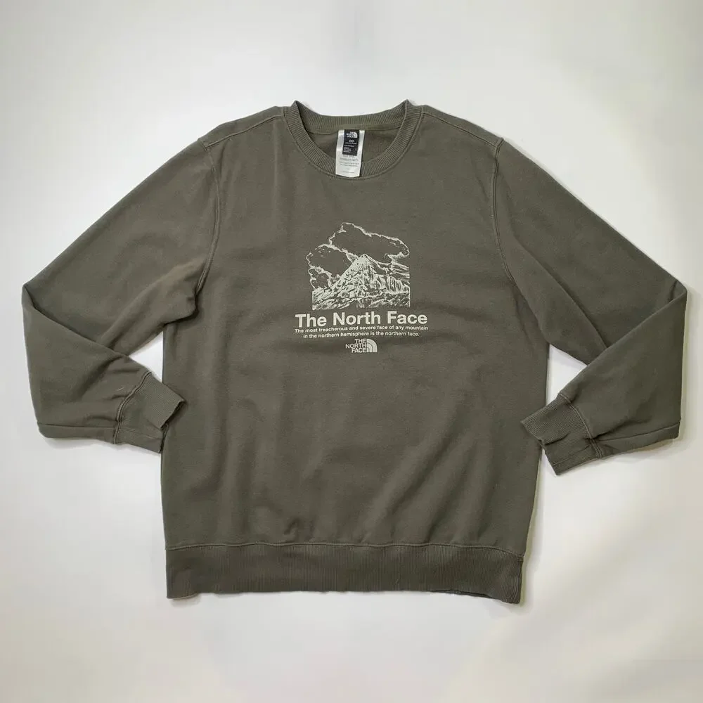 The North Face Sweatshirt Mens L Large Moss Green Mountain Graphic Fleece Lined
